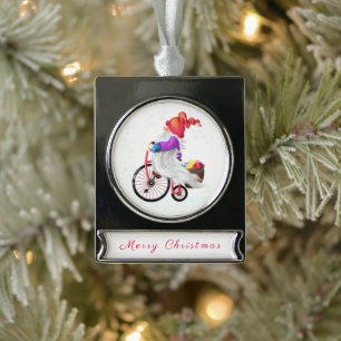 Merry Christmas - Funny Gnome with Bike and Gifts Silver Plated Banner Ornament