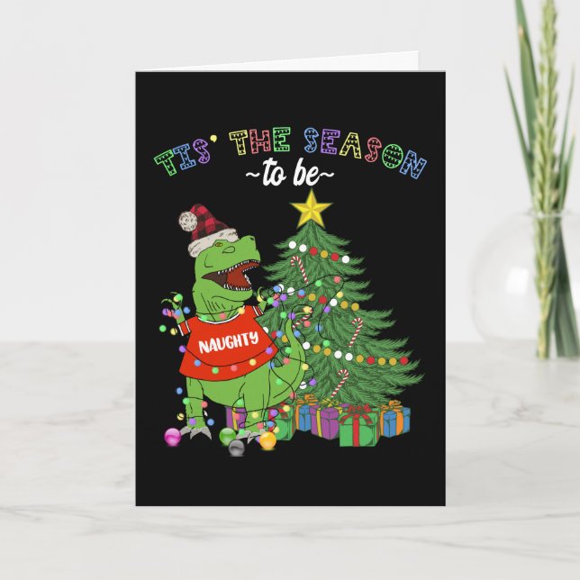 Merry Christmas Funny Naughty Dinosaur Card (Front)