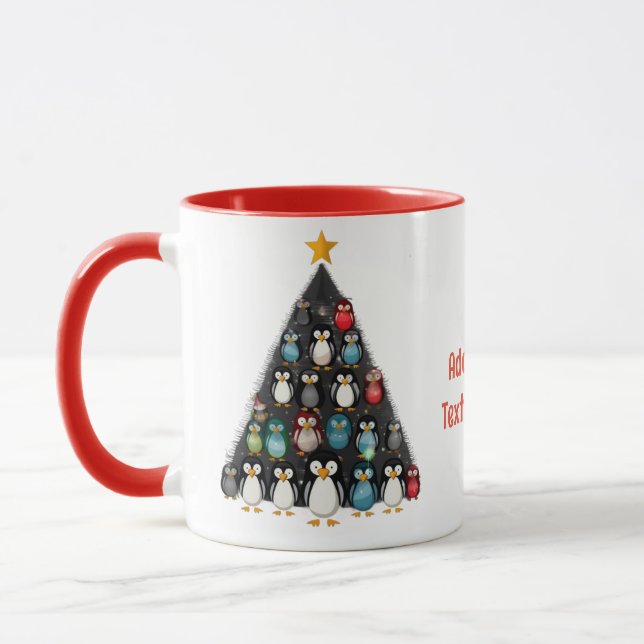 Merry Christmas Funny Penguin Tree Red Mug (Left)