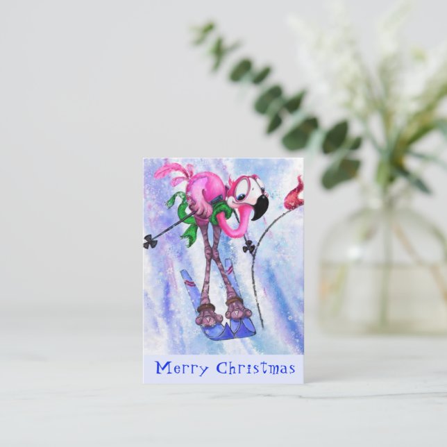 Merry Christmas - Funny Pink Flamingo Skier - Fun Card (Standing Front)