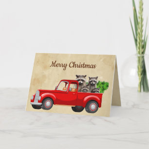 Merry Christmas Funny Racoon Truck Animals Card