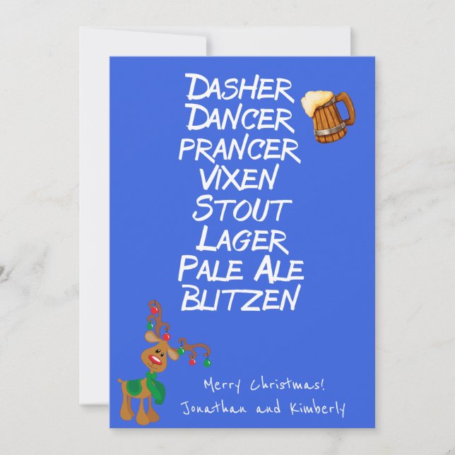 Merry Christmas Funny Reindeer Names Beer Holiday Card (Front)
