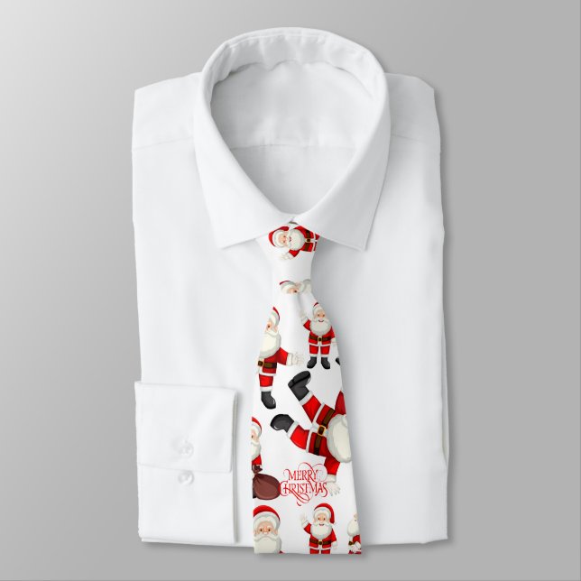 "Merry Christmas" Funny Santa Art Pattern Tie (Tied)