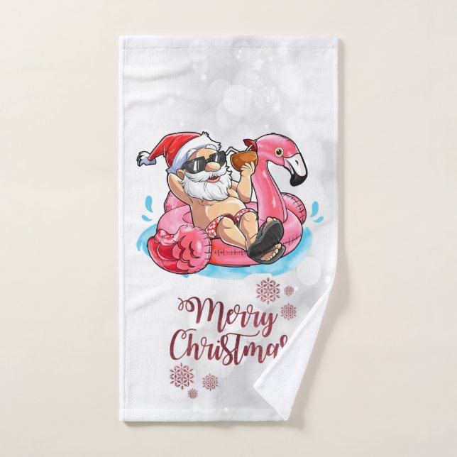 Merry Christmas Funny Santa Claus,Pink Flamingo Bath Towel Set (Hand Towel)