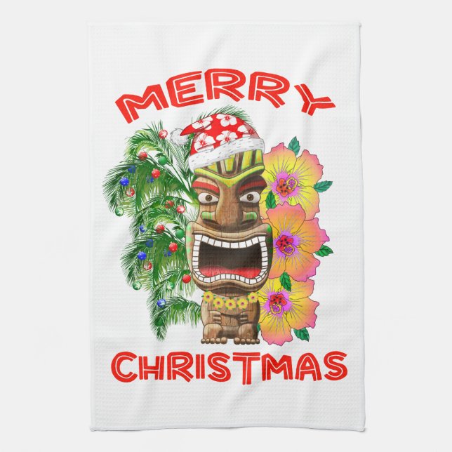 Merry Christmas Funny Santa Tiki Tea Towel (Vertical)