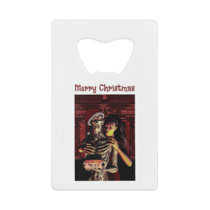 Merry Christmas. Funny skeleton with woman