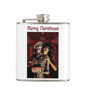 Merry Christmas. Funny skeleton with woman Hip Flask