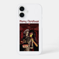 Merry Christmas. Funny skeleton with woman