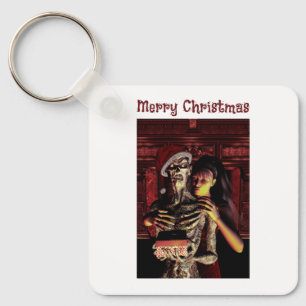 Merry Christmas. Funny skeleton with woman Key Ring