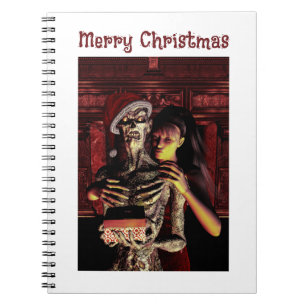 Merry Christmas. Funny skeleton with woman Notebook