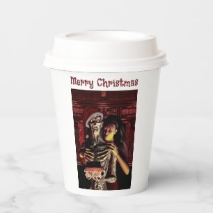 Merry Christmas. Funny skeleton with woman Paper Cups