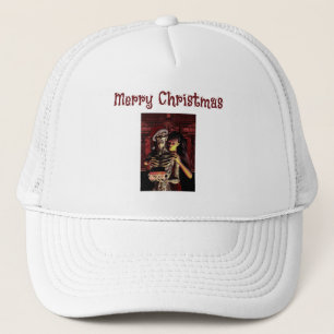 Merry Christmas. Funny skeleton with woman Trucker Hat
