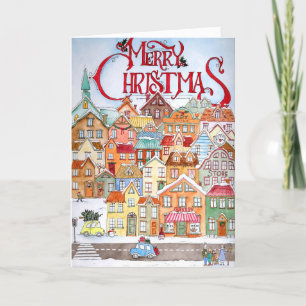 Merry Christmas Funny Whimsical Cute Winter Town Holiday Card