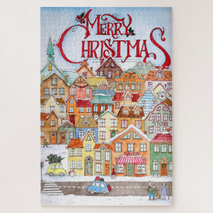 Merry Christmas Funny Whimsical Cute Winter Town Jigsaw Puzzle