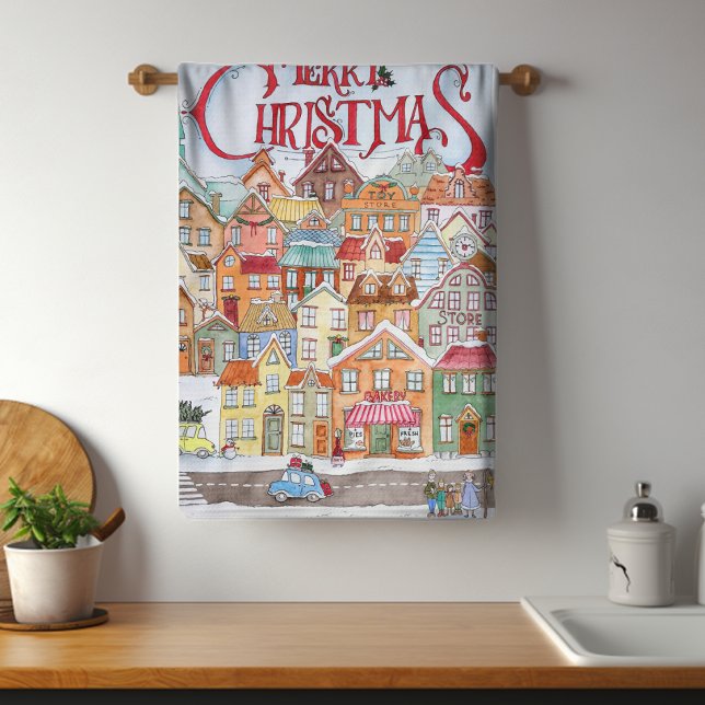 Merry Christmas Funny Whimsical Cute Winter Town Tea Towel (Creator Uploaded)