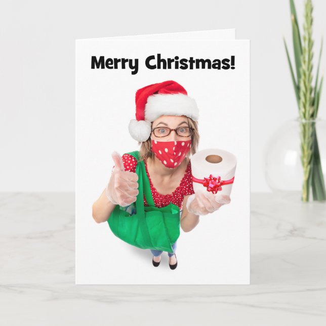 Merry Christmas Funny Woman With Toilet Paper Gift Holiday Card (Front)
