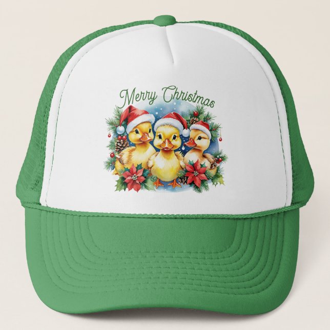 Merry Christmas Fuzzy Baby Santa Ducklings Trucker Hat (Front)