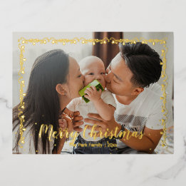  Merry Christmas Garland Trimmed Family Photo Foil Holiday Postcard