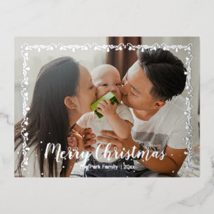  Merry Christmas Garland Trimmed Family Photo Foil Holiday Postcard