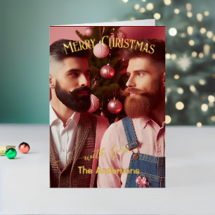 Merry Christmas Gay Retro Pink Custom Photo Foil Holiday Card