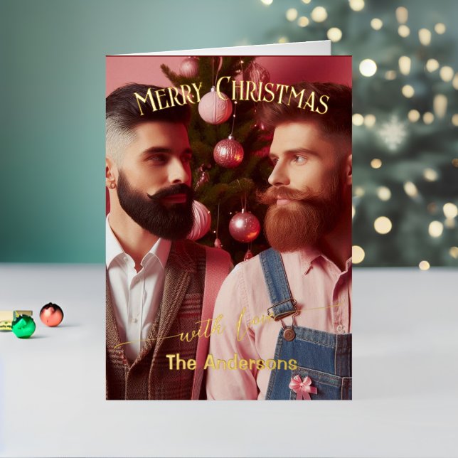 Merry Christmas Gay Retro Pink | Custom Photo  Foil Holiday Card (Holiday In Situ 2)
