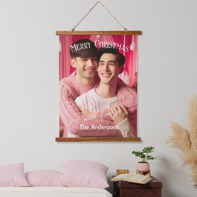 Merry Christmas Gay Retro Pink | Custom Photo  Hanging Tapestry (Bedroom)