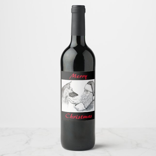Merry Christmas German Shepherd and Santa Claus Wine Label (Front)