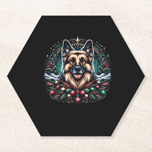 Merry Christmas German Shepherd Classic T-Shirt Paper Coaster (Front)