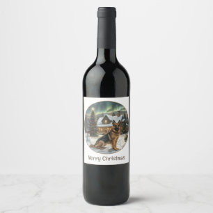 Merry Christmas German Shepherd Dog Wine Label