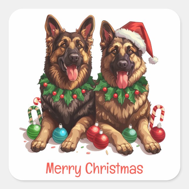 Merry Christmas German Shepherd Dogs Square Sticker (Front)