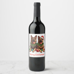 Merry Christmas German Shepherd Dogs Wine Label