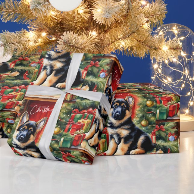 Merry Christmas German Shepherd Puppy Wrapping Paper (Holidays)