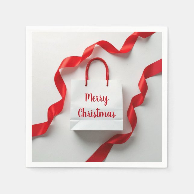 Merry Christmas Gift Bag With Red Ribbons Napkin (Front)