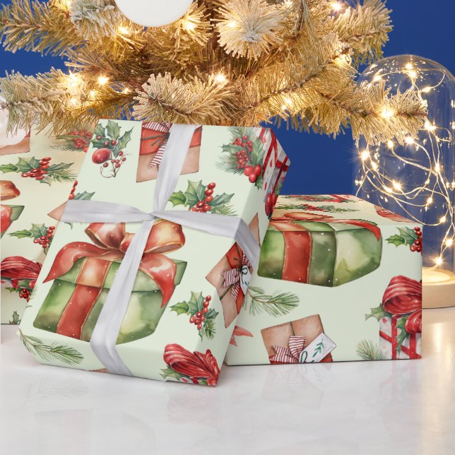 Merry Christmas Gift Box Holly Berries Red Bow Wrapping Paper (Holidays)