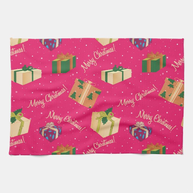 Merry Christmas Gift Boxes Tea Towel (Horizontal)