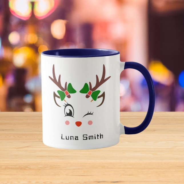 Merry Christmas Gift Cute Deer Faces Blue Coffee Mug (Creator Uploaded)