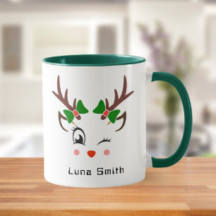 Merry Christmas Gift Cute Deer Faces Green Coffee Mug