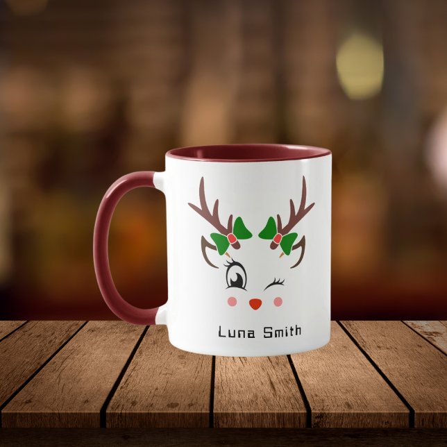 Merry Christmas Gift Cute Deer Faces Maroon Coffee Mug (Creator Uploaded)