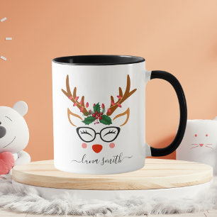 Merry Christmas Gift Cute Reindeer Faces Black Mug