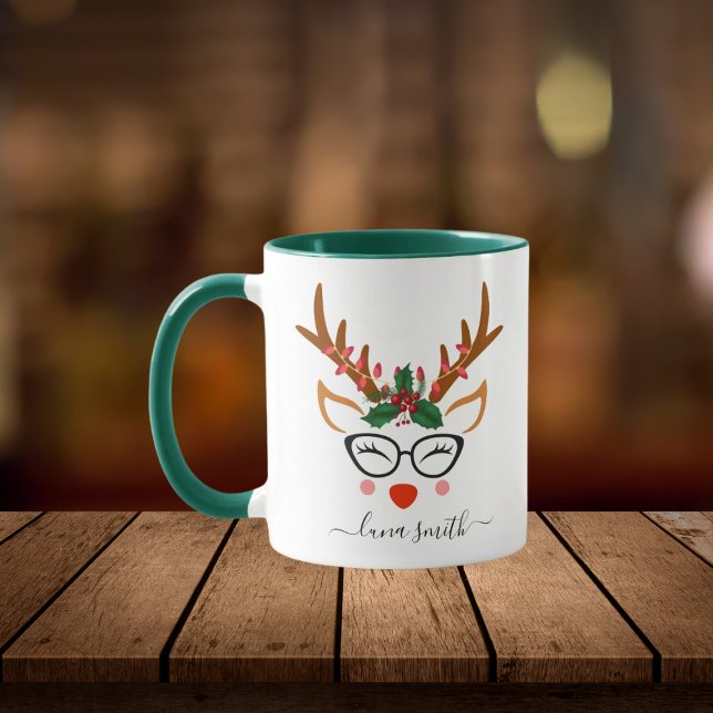 Merry Christmas Gift Cute Reindeer Faces Green Mug (Creator Uploaded)
