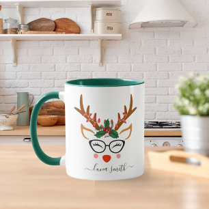 Merry Christmas Gift Cute Reindeer Faces Green Mug