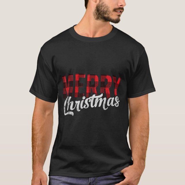 Merry Christmas Gift Family Xmas Red Buffalo Plaid T-Shirt (Front)