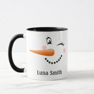 Merry Christmas Gift Happy Snowman Face Black Mug