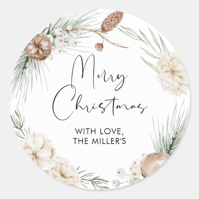 Merry Christmas Gift Label Greenery Round Sticker (Front)