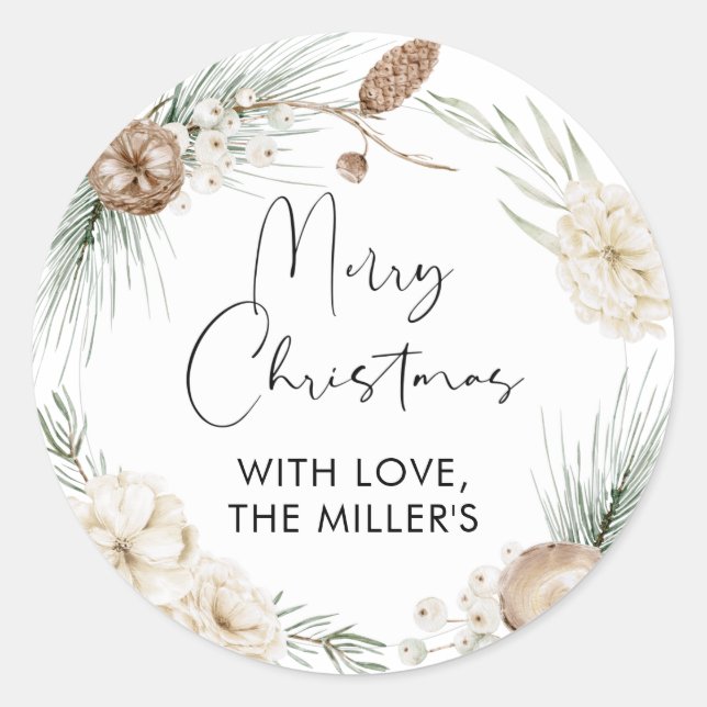 Merry Christmas Gift Label Greenery Round Sticker (Front)