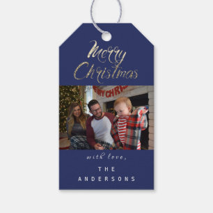 Merry Christmas Gift Photo Blue Gold Snowflakes Tags