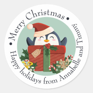 Merry Christmas gift stickers with penguin