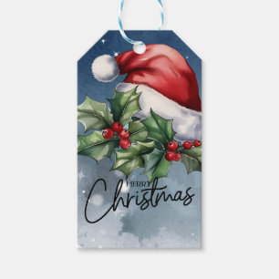 Merry Christmas Gift Tag with Santa Hat and Holly