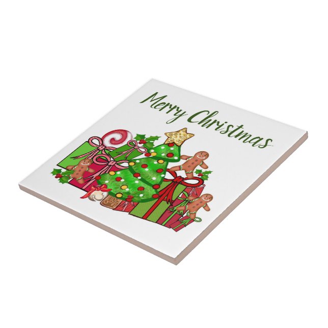 Merry Christmas Gifts Around The Tree Ceramic Tile (Side)