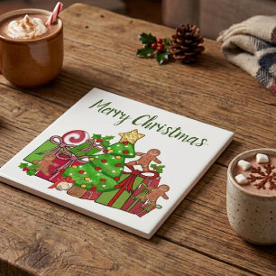 Merry Christmas Gifts Around The Tree Ceramic Tile